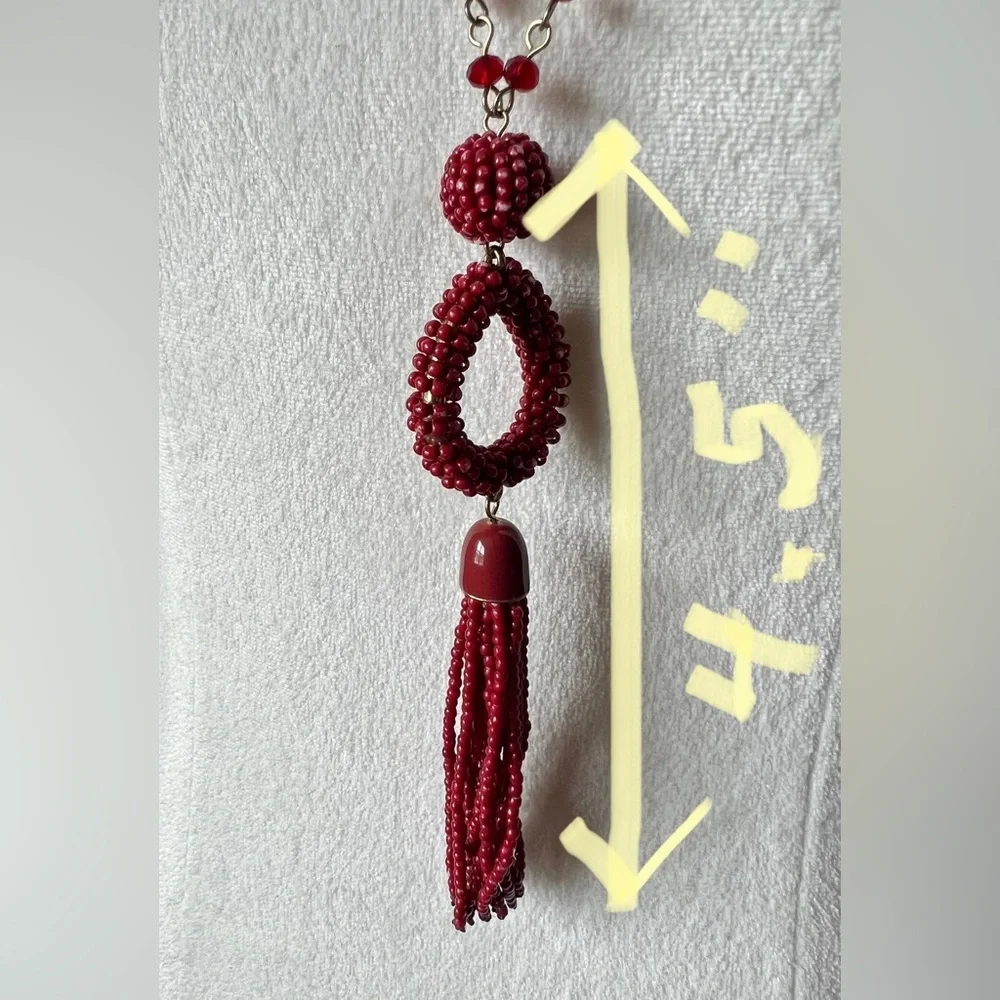 NEW! Long Gold Necklace with Red Beads and Tassel 40”